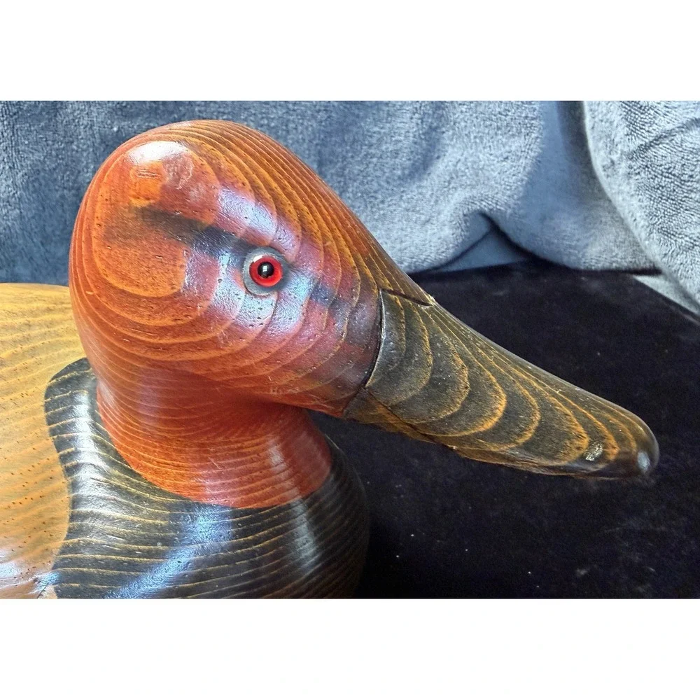 John Bass Signed Hand Carved Wooden Redhead Duck Decoy Figurine 12.5 Inch
